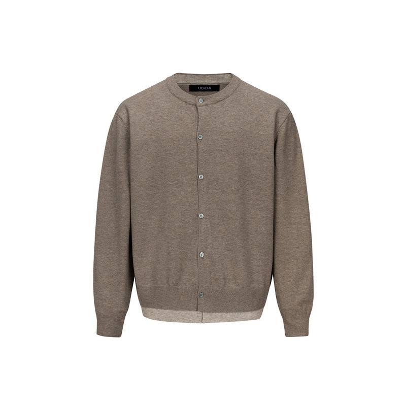 Men's fine knit cardigan with two-layer look, round neck and continuous button placket Mune Fashion