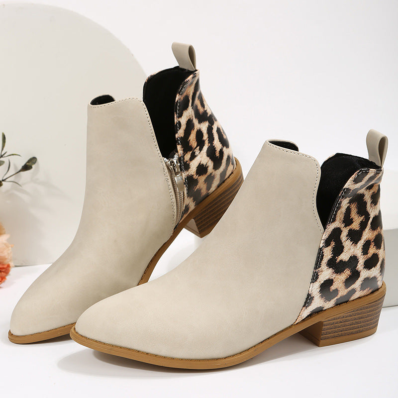 Women's ankle-high Chelsea ankle boots with leopard heel panel and low block heel Mune Fashion