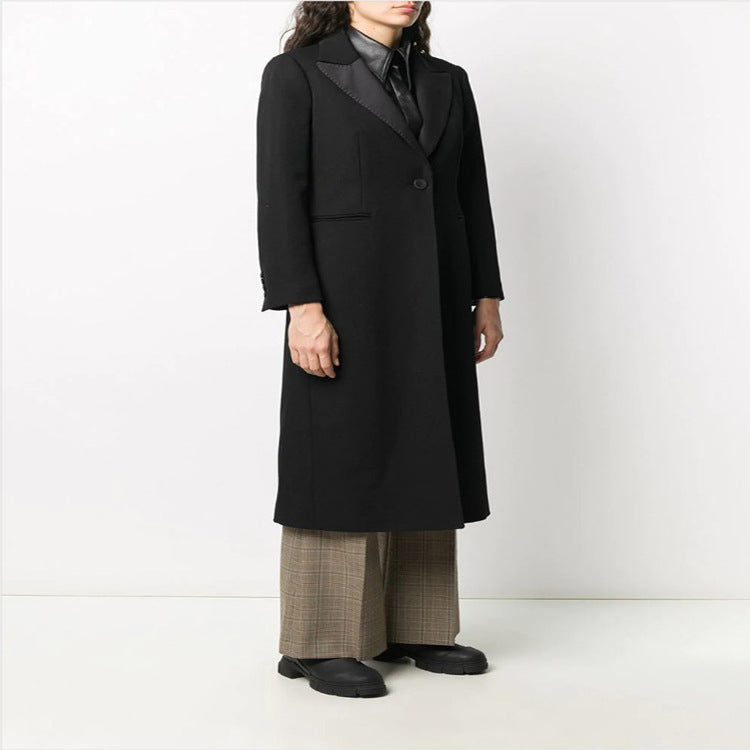 Women Elegant Single-Breasted Long Coat in Tuxedo Style with Narrow Lapels and Satin Trim Mune Fashion