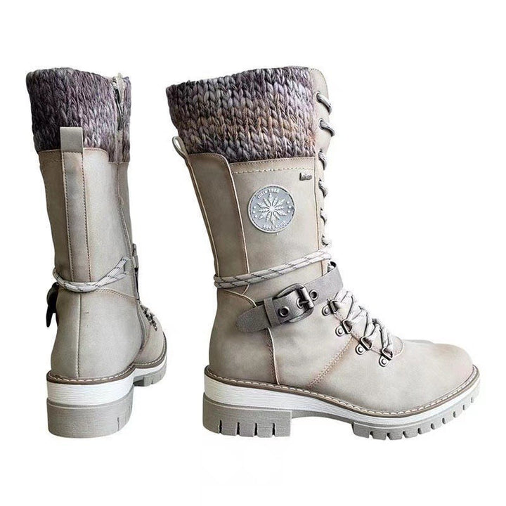 Women nan padded lace-up boots with knitted shaft, decorative buckle strap, and patterned rubber sole Mune Fashion