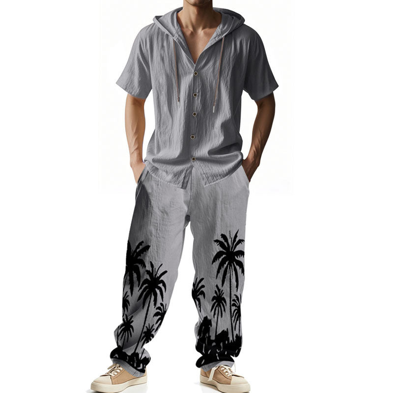 Men's casual summer ensemble with hoodie and wide palm motif pants Mune Fashion