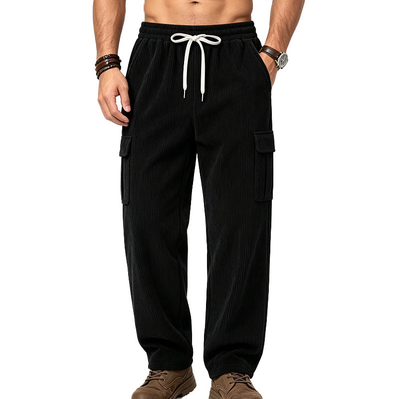 Men's Casual Corduroy Cargo Pants with Elastic Waistband and Drawstring Mune Fashion