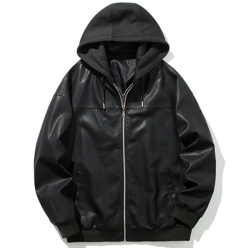 Men's Faux Leather Bomber Jacket with Hood, Zipper, and Ribbed Cuffs Mune Fashion