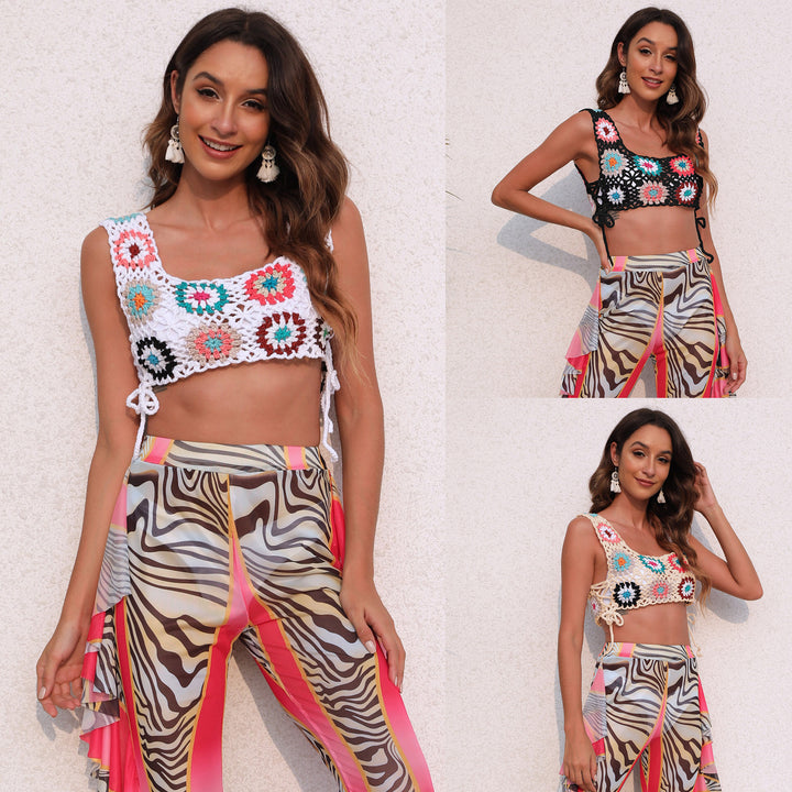 Women's crocheted crop top with colorful floral patterns Mune Fashion
