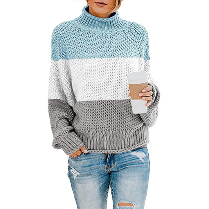 Women's chunky knit turtleneck sweater with oversized cut and block stripe design Mune Fashion