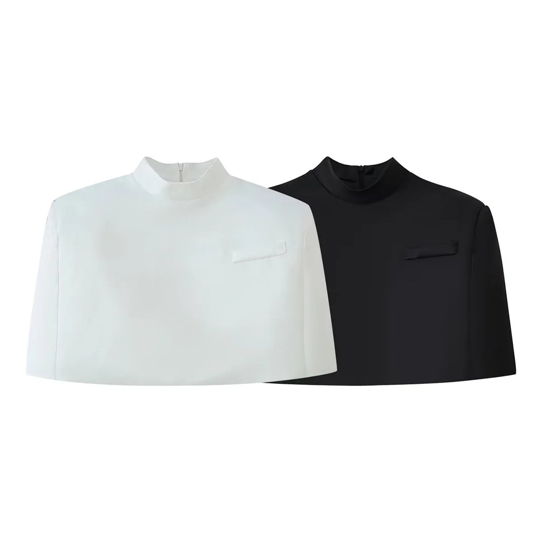 Women nan short Capelet top with stand collar, concealed back zipper and minimalist chest panel Mune Fashion