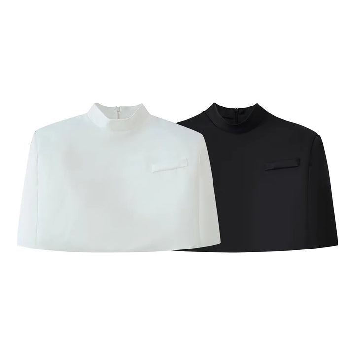Women nan short Capelet top with stand collar, concealed back zipper and minimalist chest panel Mune Fashion