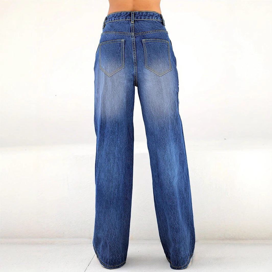 Ladies High-Waist Wide-Leg Jeans with large heart print Mune Fashion