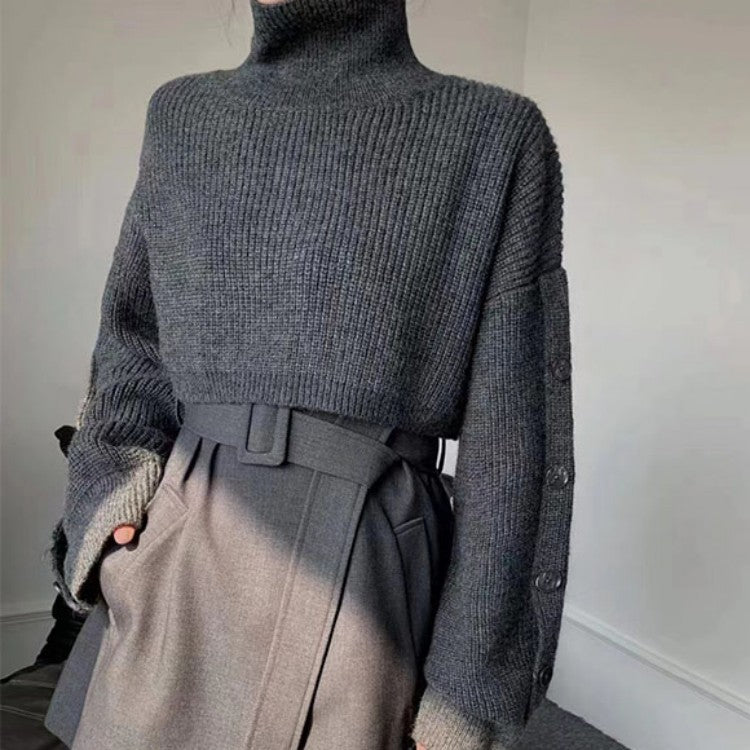 Women Short-Cut Turtleneck Bolero Wrap with Long Sleeve Buttons Mune Fashion