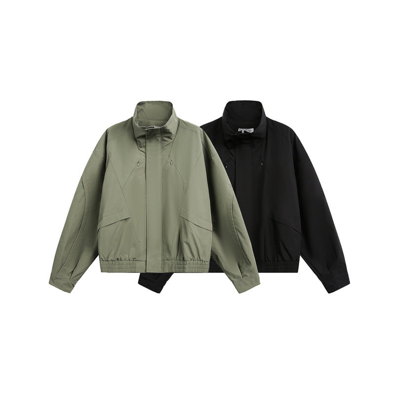 Unisex short jacket in minimalist tech fabric with funnel collar and concealed front placket Mune Fashion