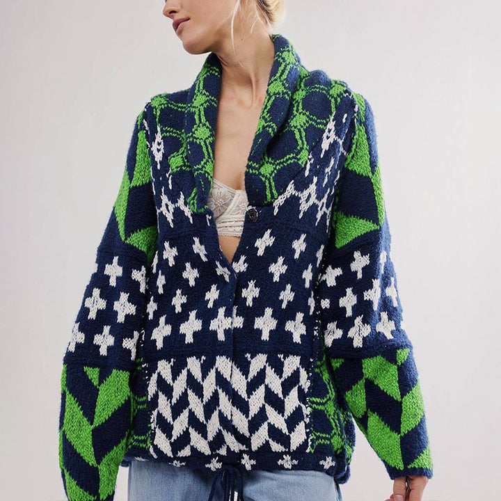 Ladies Oversized Cardigan with Shawl Collar and Graphic Pattern Mune Fashion