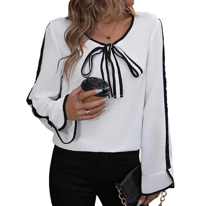 Women's Elegant Viscose Bow Blouse with Contrast Piping and Striped Sleeves Mune Fashion