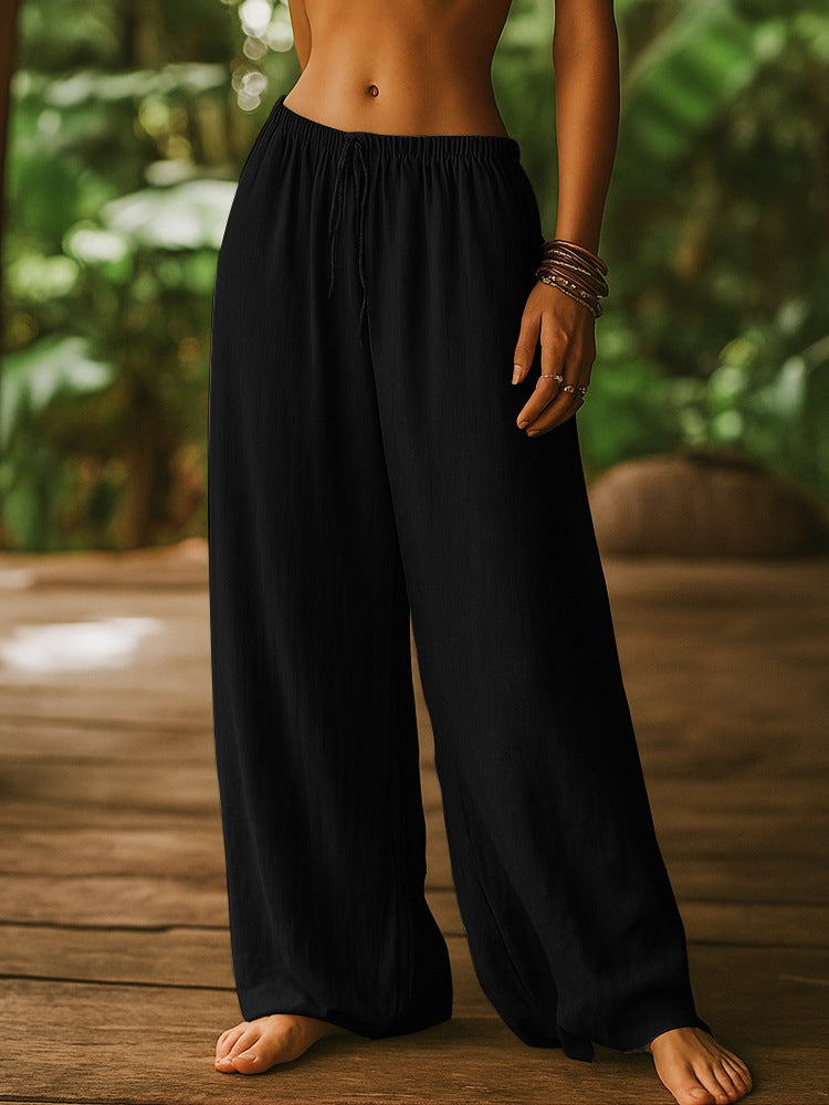 Ladies Lightweight Linen Pants with Wide Legs and Drawstring Mune Fashion