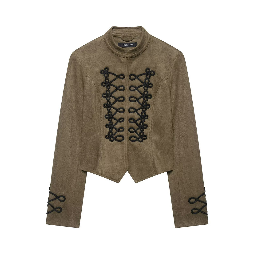 Women's Cropped Velvet Jacket with Military Decorative Cord and Tailored Cut Mune Fashion