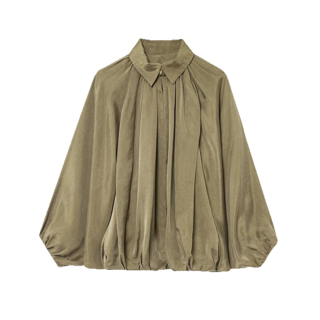 Women's wide pleated cape blouse with standing collar and concealed zipper Mune Fashion