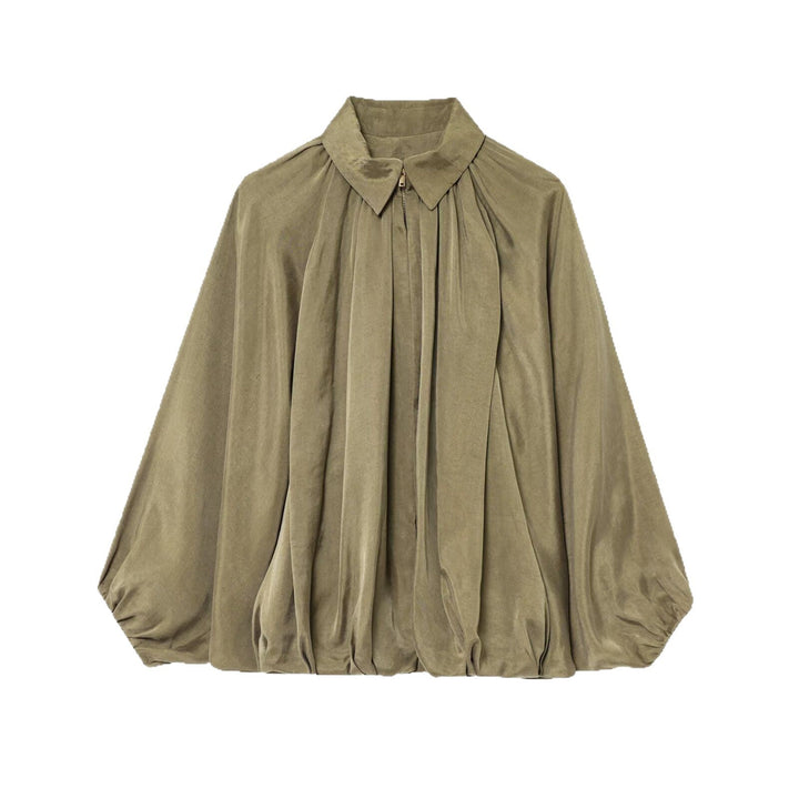 Women's wide pleated cape blouse with standing collar and concealed zipper Mune Fashion