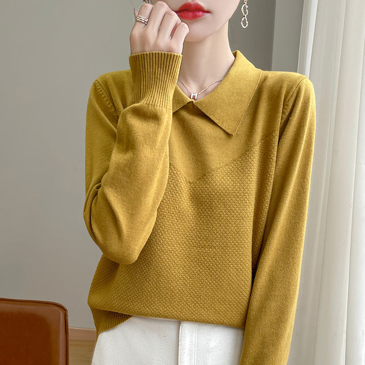 Women's Knit Sweater with Shirt Collar and Textured Front Mune Fashion