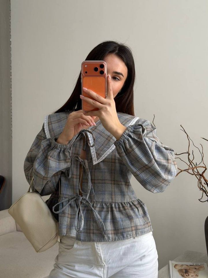 Women's Checked Ruffle Blouse with Oversized Lace Collar and Ties Mune Fashion