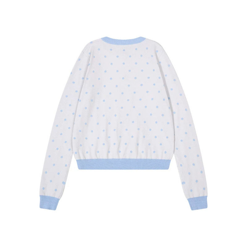 Women's Short Cropped Dotted Cardigan with Angel Wing Motif and Ribbed Cuffs Mune Fashion