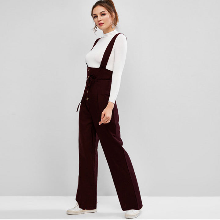 Women's High-Waist Overall Jumpsuit with Button Placket and Wide Straps Mune Fashion
