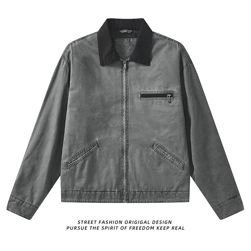 Men's  vintage-inspired zip-front workwear jacket with contrast collar and angled welt pockets Mune Fashion