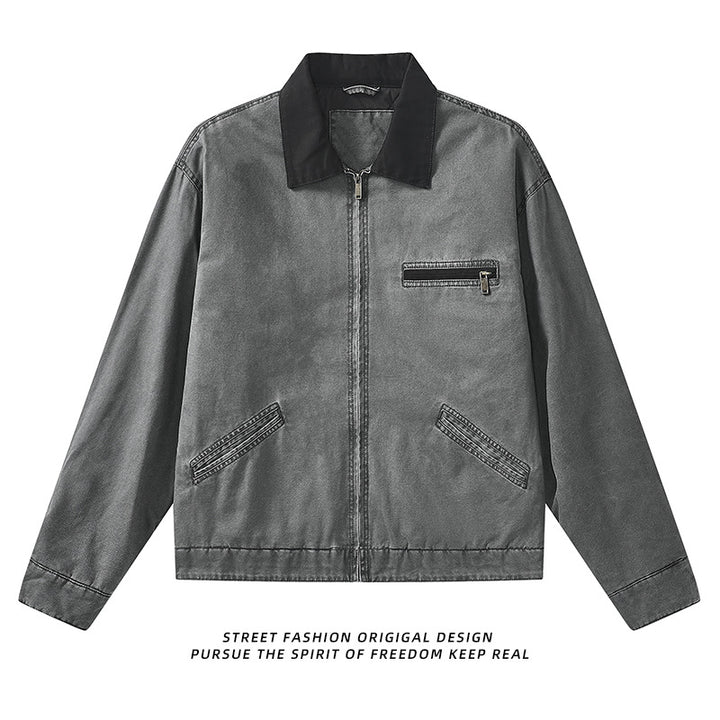 Men's  vintage-inspired zip-front workwear jacket with contrast collar and angled welt pockets Mune Fashion