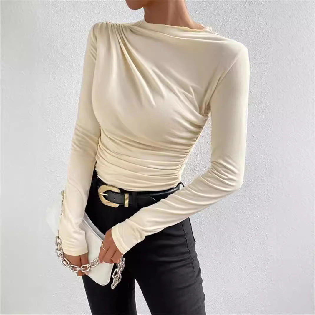 Women nan gathered long sleeve shirt with asymmetric boat neckline and figure-hugging silhouette Mune Fashion