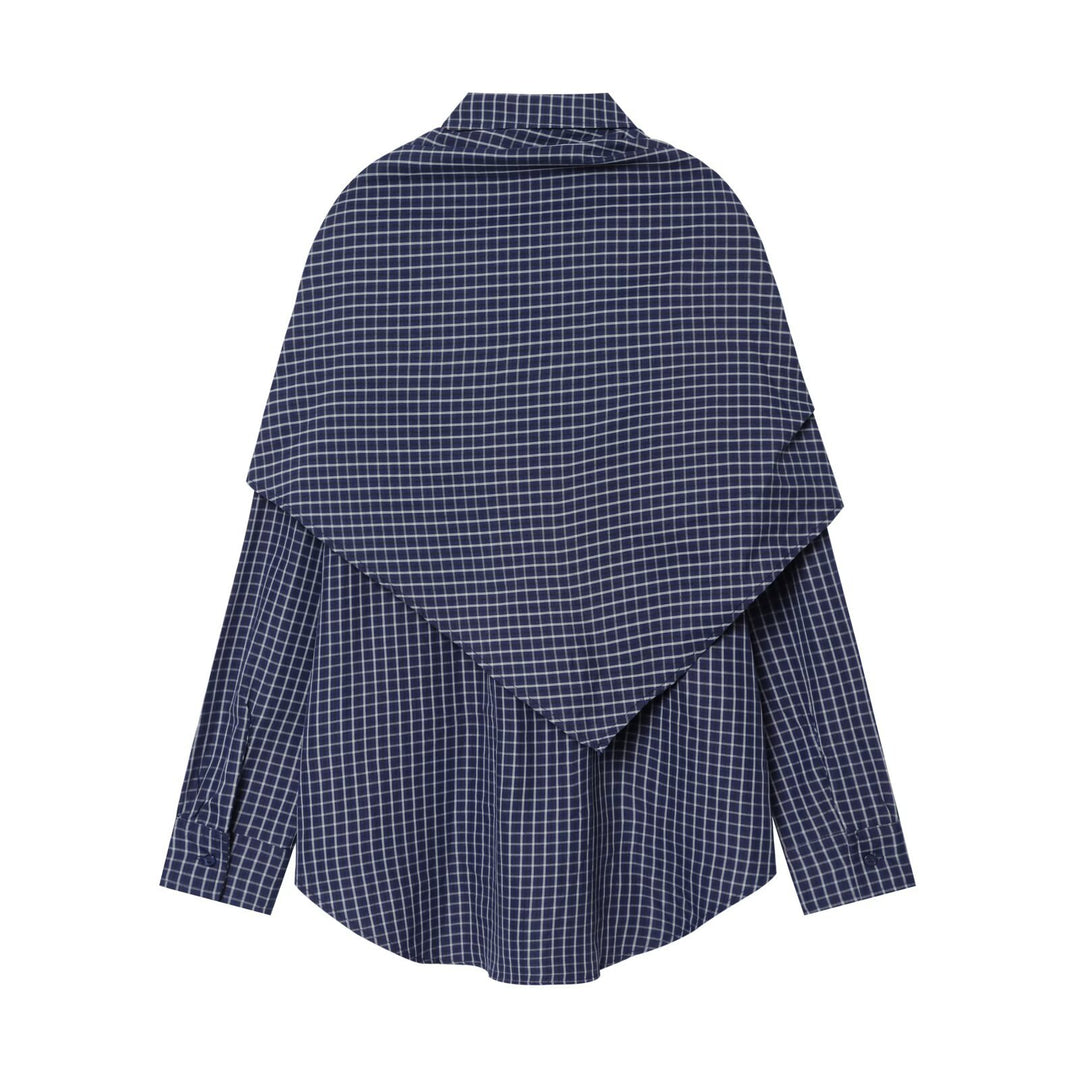 Ladies Checked Oversized Shirt with Large Knot Detail and Wide Shoulder Cape Mune Fashion