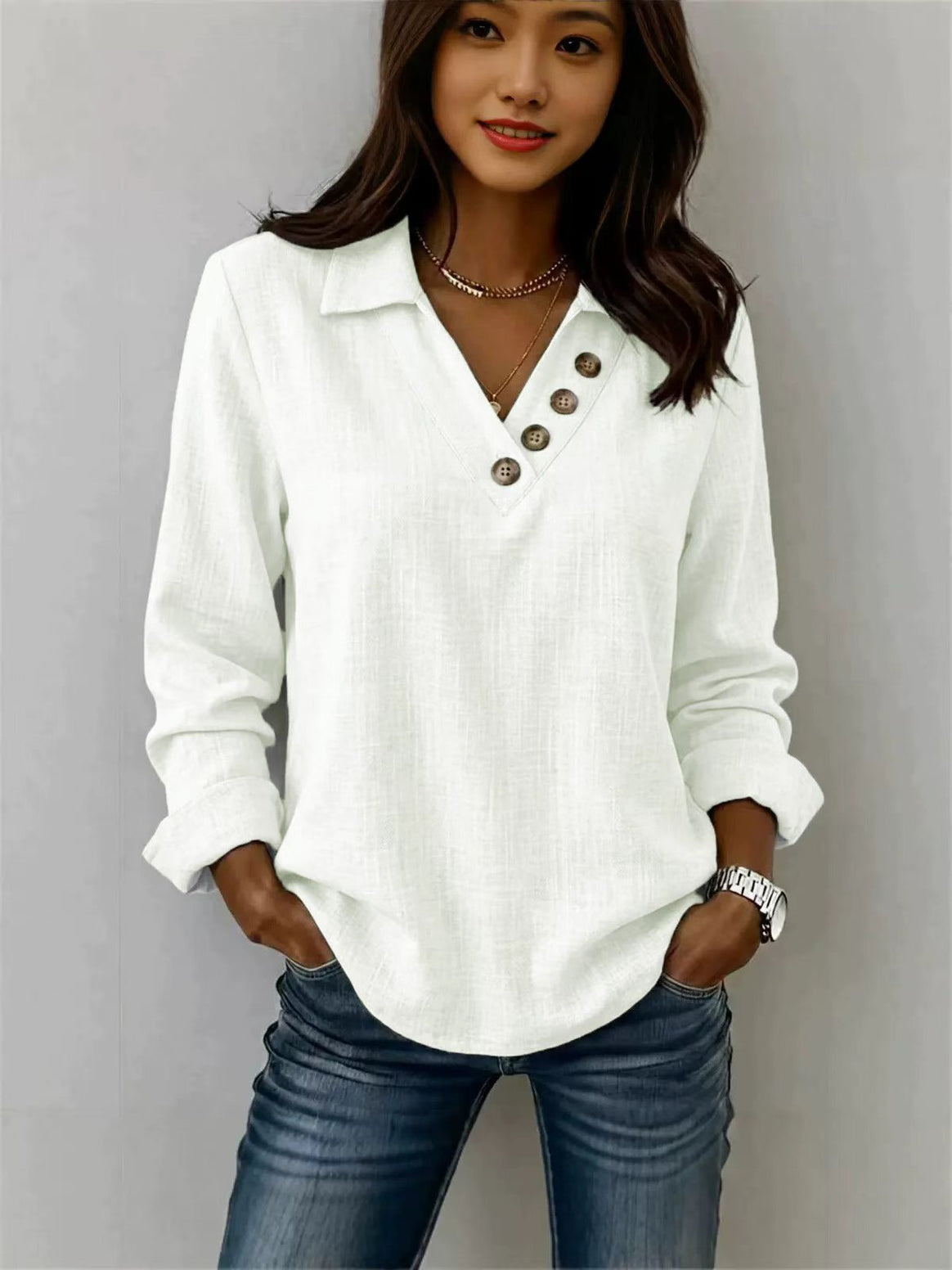 Women's Casual V Neck Blouse Shirt with Shirt Collar and Asymmetrical Decorative Button Placket Mune Fashion
