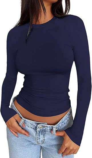 Ladies Body-hugging Long Sleeve Shirt in Cropped Look with Extended Sleeves and Thumb Hole Mune Fashion