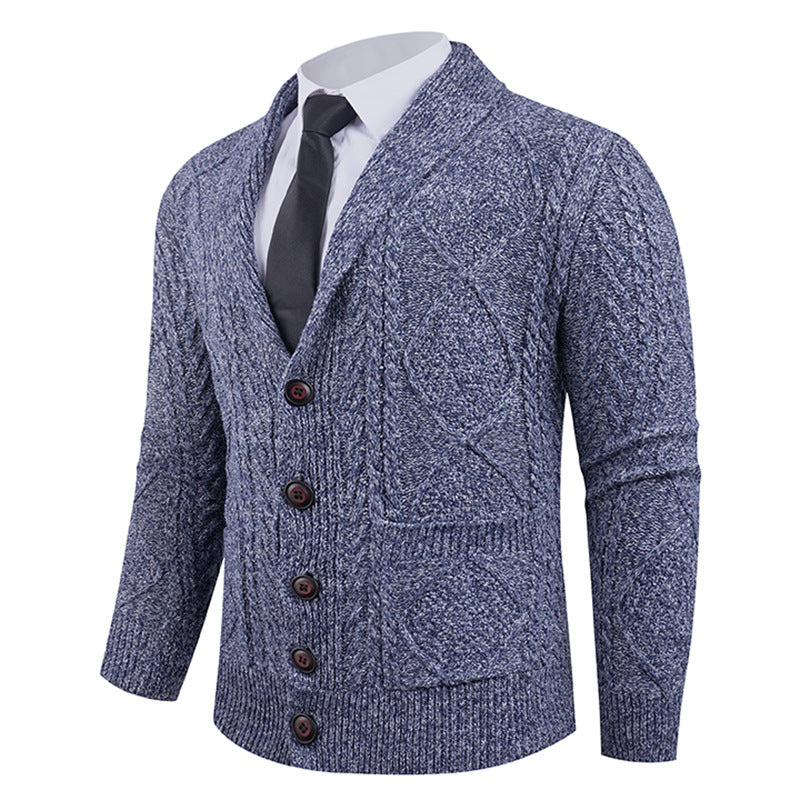 Men's knitted cardigan with shawl collar, cable pattern, patch pockets, and button placket Mune Fashion