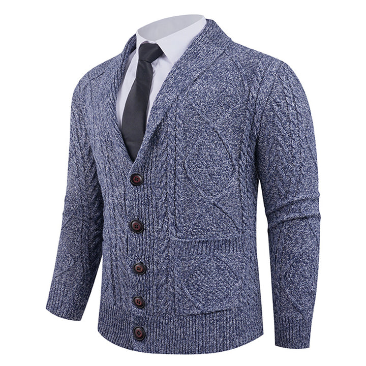 Men's knitted cardigan with shawl collar, cable pattern, patch pockets, and button placket Mune Fashion