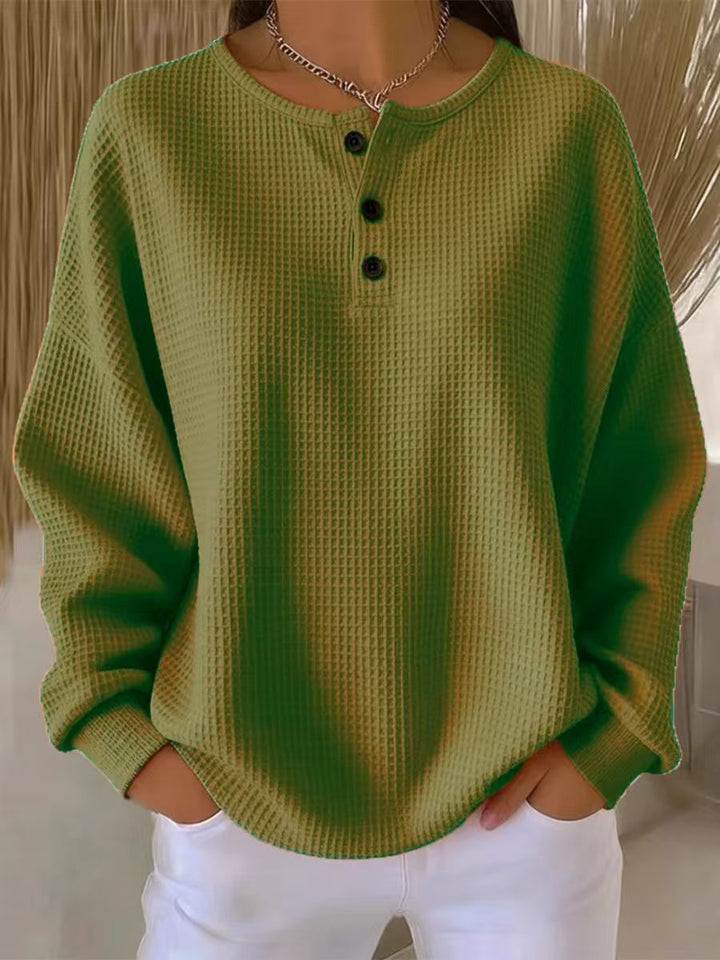 Women's Oversized Waffle Knit Henley Sweater with Button Placket and Rounded Hem Mune Fashion
