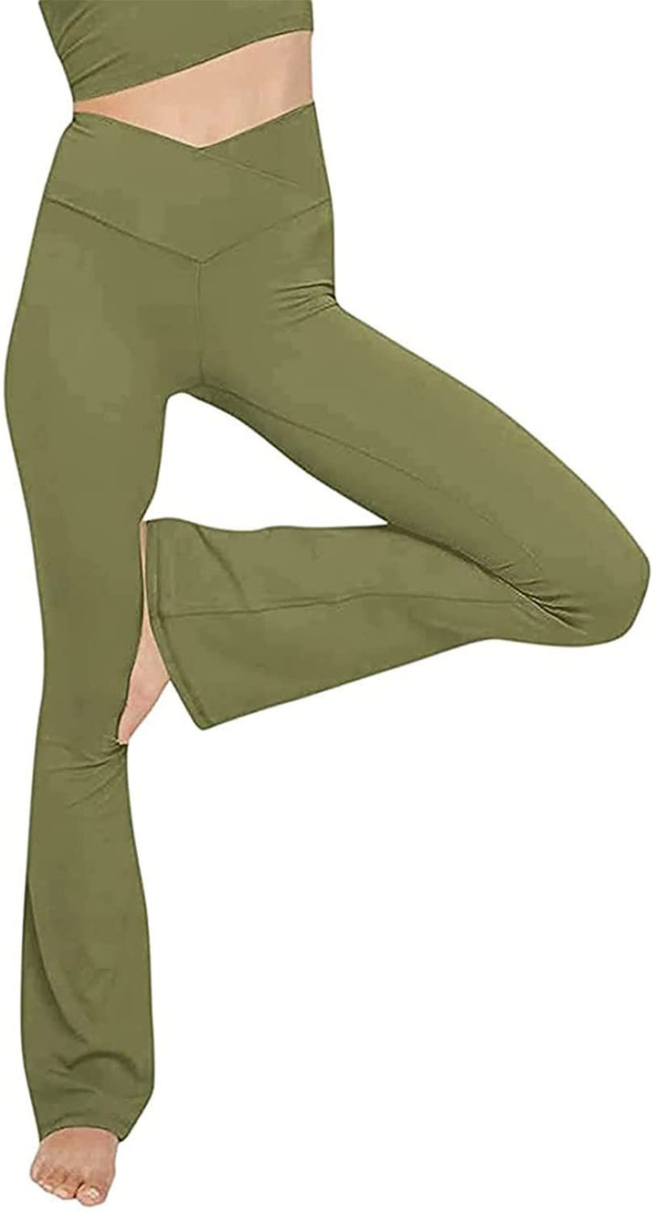 Women's mid-rise yoga pants with crossover waistband and flared hem with slit Mune Fashion