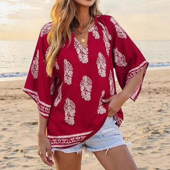 Women's Loose Beach Tunic Top with V-Neck and Boho Print Mune Fashion