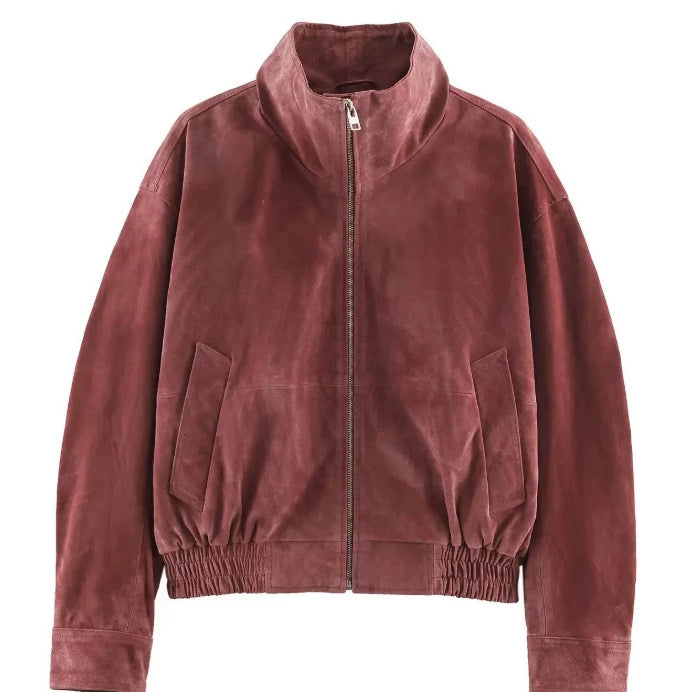 Women's short-cut suede bomber jacket with stand-up collar, gathered hem, and patch pockets Mune Fashion