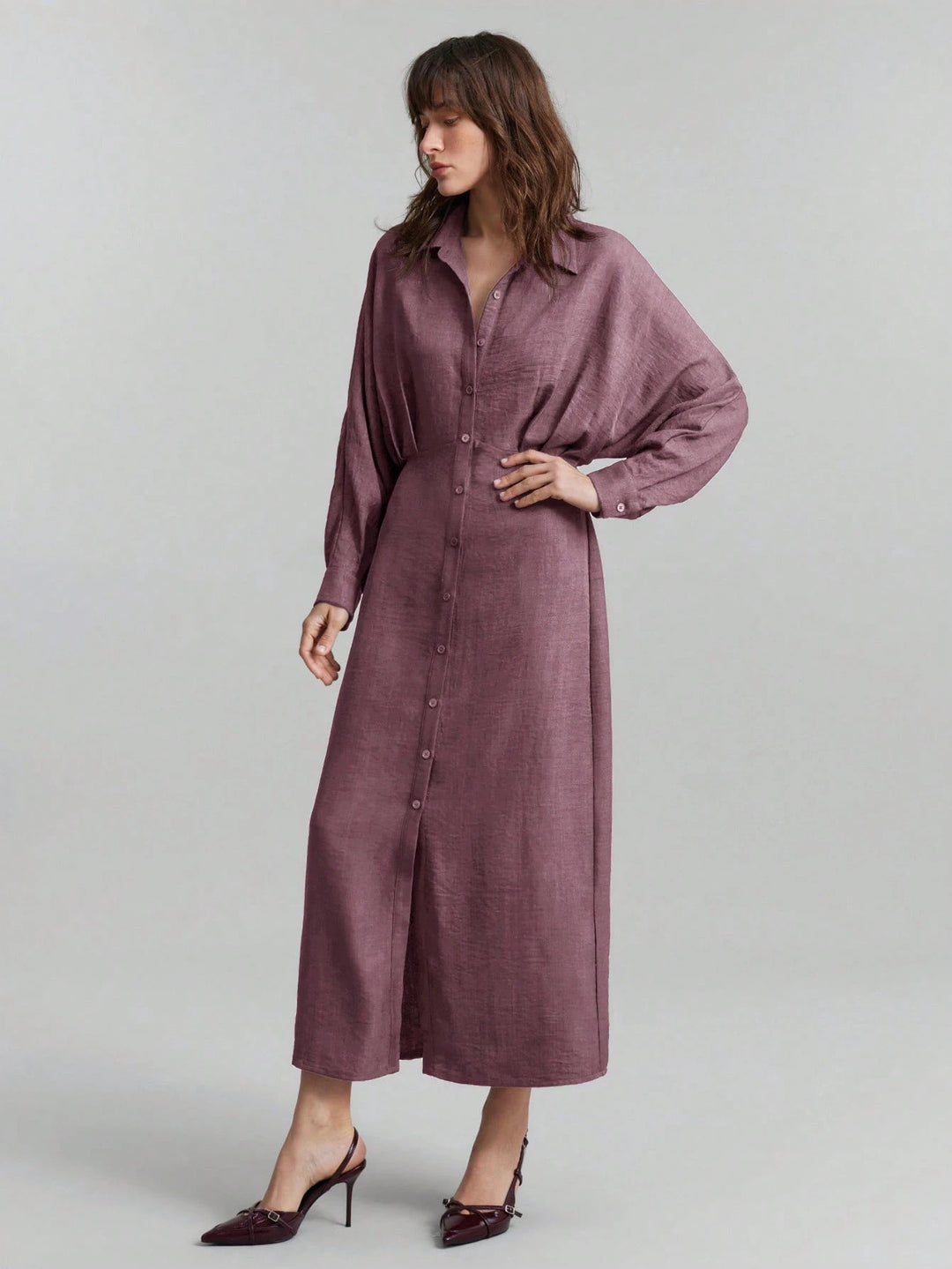 Women's linen maxi dress with shirt collar, full button placket, and batwing sleeves Mune Fashion