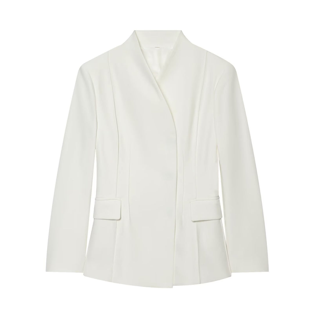 Women's Long Blazer with Concealed Button Placket and Flap Pockets Mune Fashion