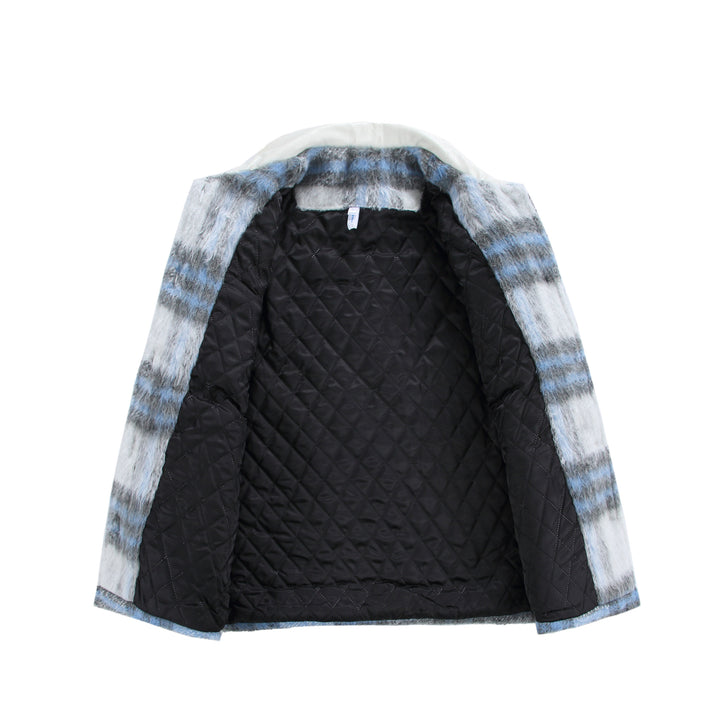 Women's Checked Wool Blend Shacket with Contrasting Faux Leather Collar Mune Fashion