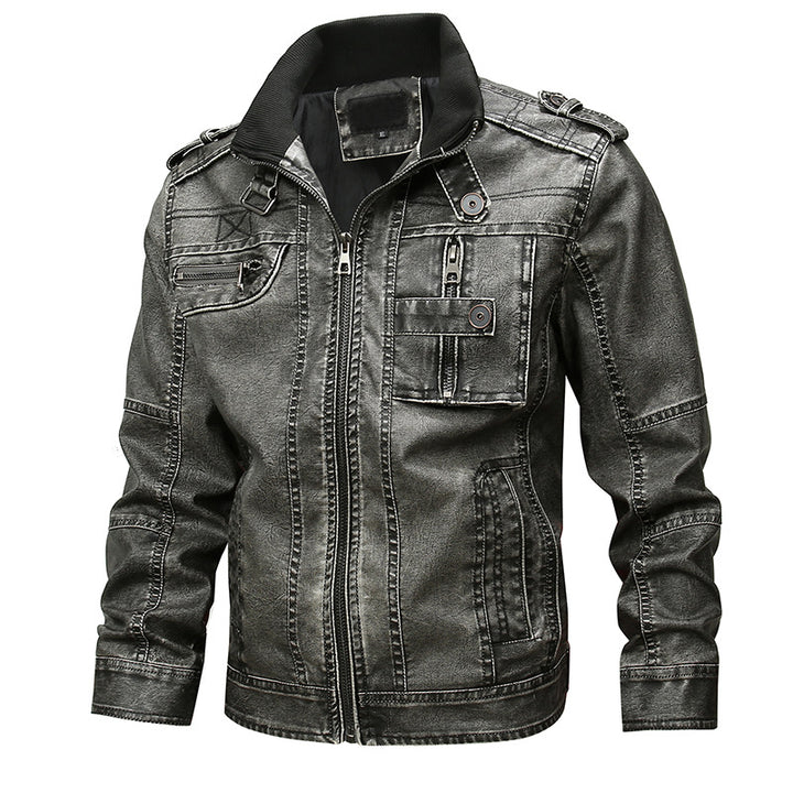 Men's biker jacket made of synthetic leather with stand-up collar, striking decorative seams, and multiple pocket details Mune Fashion