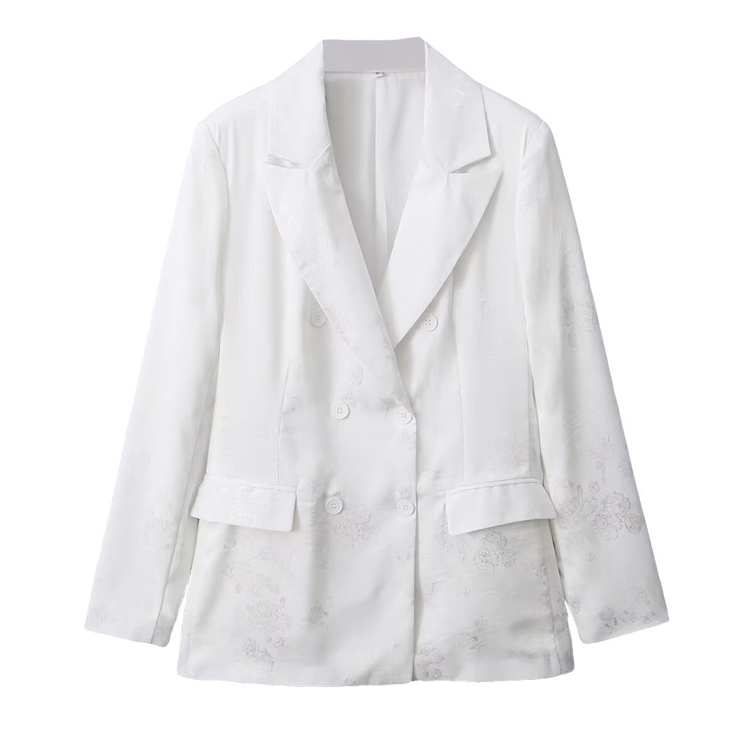 Women's Double-Breasted Satin Blazer with Floral Jacquard and Peak Lapel Mune Fashion