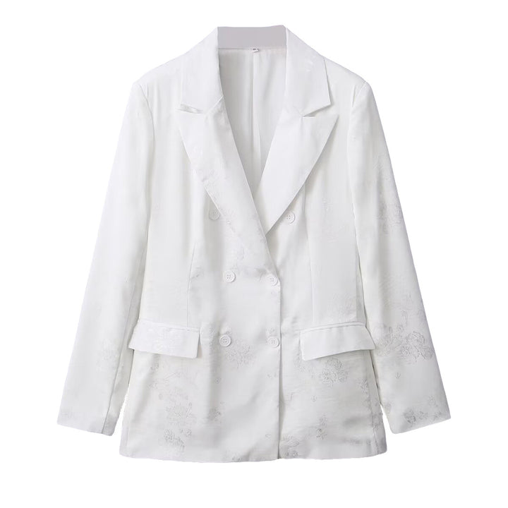 Women's Double-Breasted Satin Blazer with Floral Jacquard and Peak Lapel Mune Fashion
