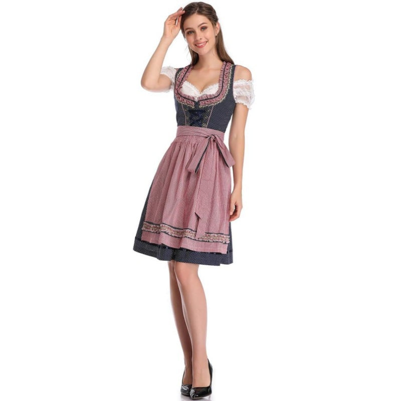 Ladies traditional dirndl dress with heart-shaped neckline, corset-like lacing, and checkered apron skirt Mune Fashion