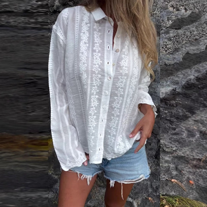 Women nan embroidered blouse with floral openwork embroidery, pearl button placket and casual oversized fit Mune Fashion