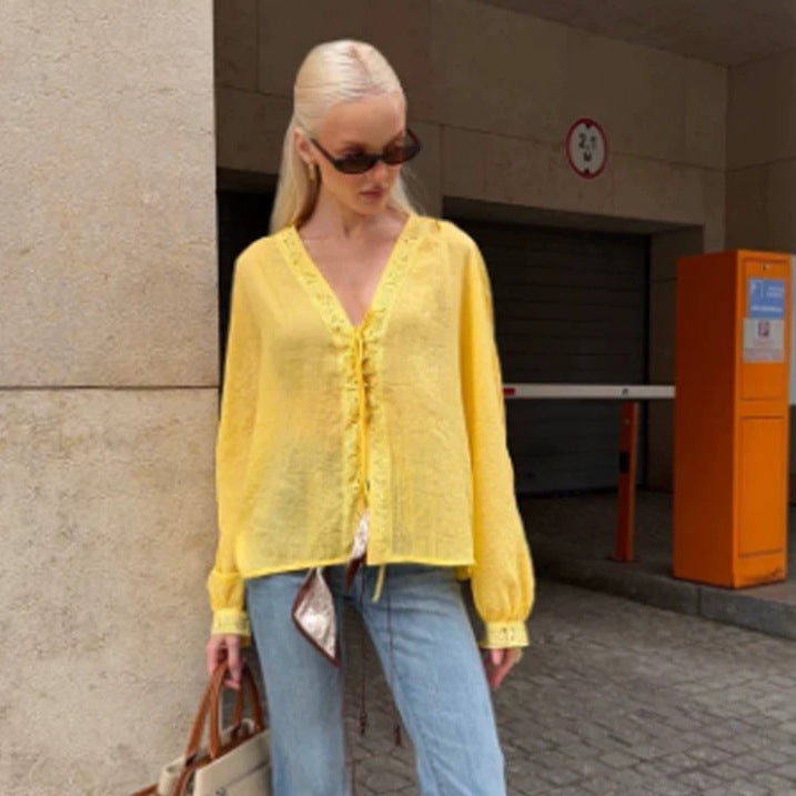 Women's Light V-Neck Lace Blouse with Tie, Pearl Detail & Volume Sleeves Mune Fashion