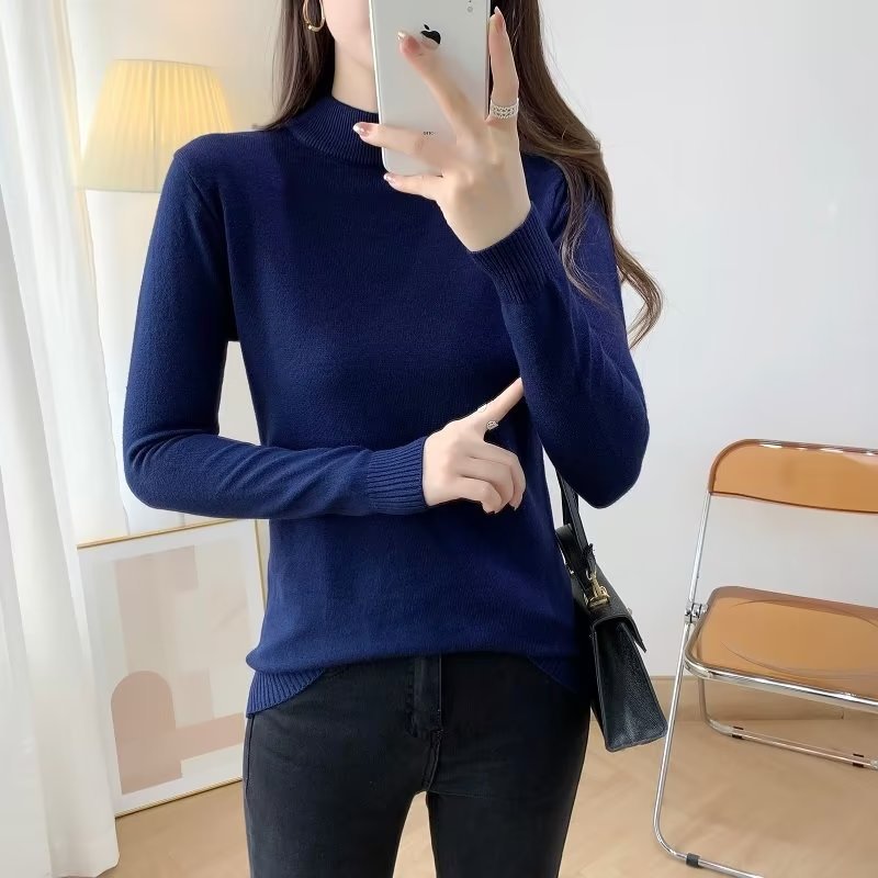 Ladies Fine Long Sleeve Fine Knit Sweater with Narrow Stand-Up Collar and Ribbed Cuffs Mune Fashion