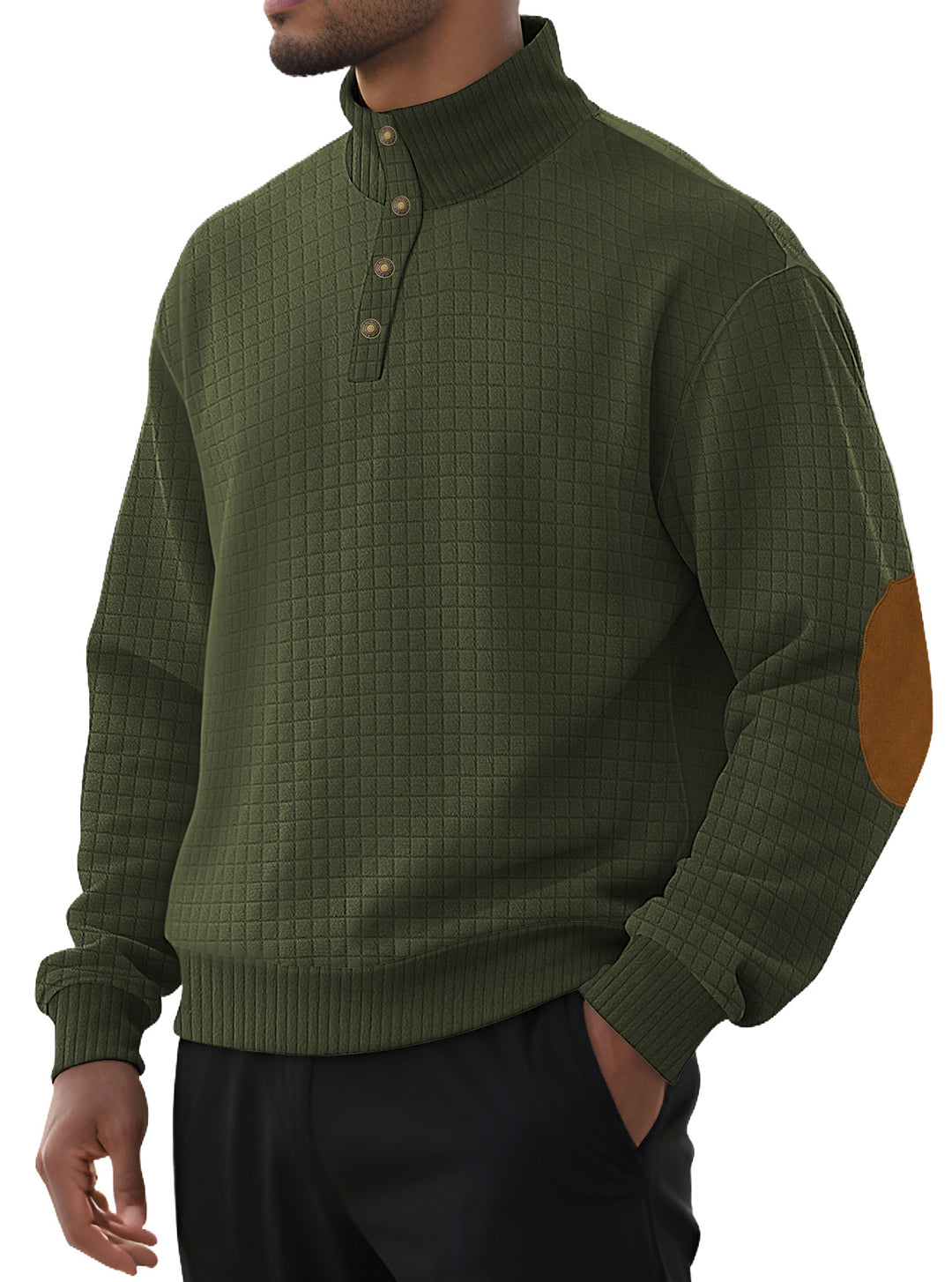 Men's plaid quilted sweatshirt with Henley placket, high stand-up collar, and velour elbow patches Mune Fashion