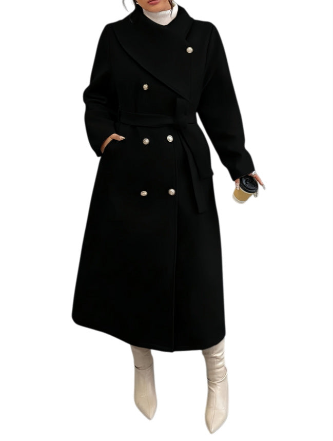 Women's Double-Breasted Wool Blend Coat with Wide Shawl Collar and Tie Belt Mune Fashion
