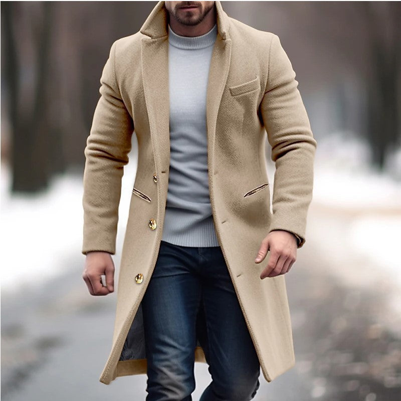 Men's Elegant Single-Breasted Long Coat Made of Wool Blend with Slim Silhouette and Lapel Collar Mune Fashion