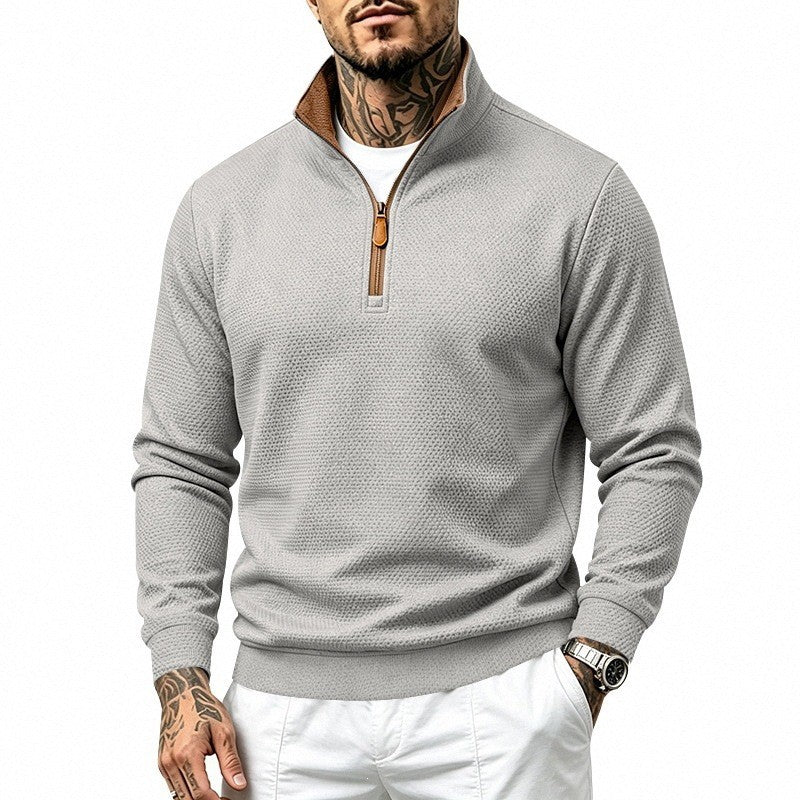 Men's Texture Half-Zip Pullover with Stand Collar and Contrast Inner Collar Mune Fashion